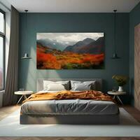Interior of modern bedroom with gray walls- concrete floor- comfortable king size bed with orange linen and brown bedside table with two bedside tables. 3d rendering photo