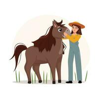 Flat cartoon illustration of a female farmer stroking a horse. Farmer, livestock, pet care concept. vector