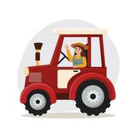 Woman sitting in the red tractor and waving vector