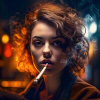 retrato de un hermosa joven mujer de fumar un cigarrillo en un oscuro antecedentes foto