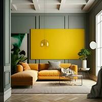 interior de moderno vivo habitación con amarillo y gris paredes- de madera piso- naranja sofá y café mesa. 3d representación foto