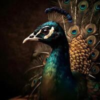 Beautiful peacock with colorful feathers on a dark background. Vintage style photo