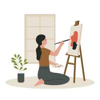 concepto ilustración de hembra artista pintura en lona mientras sentado vector