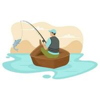 Fisherman in a wooden boat illustration concept vector