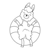 Alpaca in an inflatable circle hand-drawn in black lines outlines vector