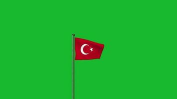 Turkiye flag waving on pole animation on green screen background video