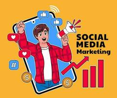 social media marketing with a man and smartphone vector