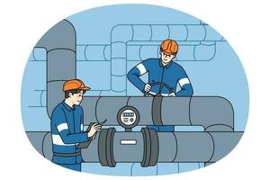 Workers in uniform inspect pipes and tubes vector