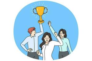 Excited work team hold prize celebrate success vector