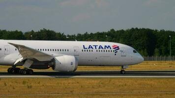 FRANKFURT AM MAIN, GERMANY JULY 18, 2017 - LATAM Airlines Boeing 787 CC BGE taxiing after landing on runway 25R. Fraport, Frankfurt, Germany video