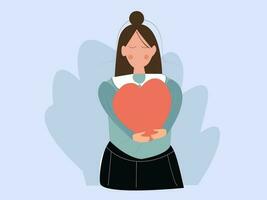 Young woman embracing a big red heart with sober and love self acceptance and confidence concept.vector illustration. vector