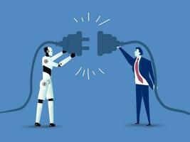 Businessman and Ai robot  hold plugs to connect. Cooperation interaction. Collaboration teamwork. Concept for planning, business strategy and connection. vector