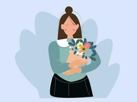 Beautiful woman  holding a bouquet of spring flowers, concept of pastel colors for Mother's Day, Valentine's Day, Women's Day, March 8, vector illustration.