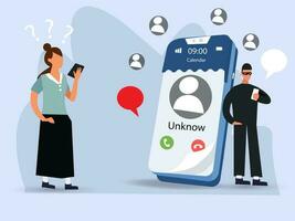 Cheater Prank or Scam Activity Concept. peple Fraud  Call from Unknown Number to Subscriber. Hoax Warning, Suspicious Anonymous Calls. Vector Illustration.