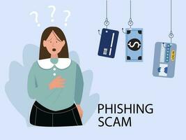 Credit card online payment scam concept. Internet hacker stealing money, user account from smartphone mobile app. Man panic after money stolen via internet. vector illustration.