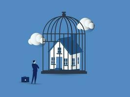 Businessman Locked house inside the cage. vector illustration.