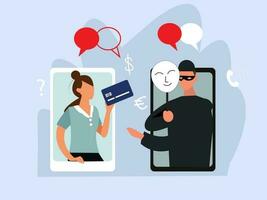 conceptual en línea fraude cibercrimen hackear mujer en teléfono pantalla y estafador robando banco tarjeta. vector ilustración.