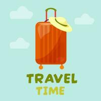 vector postcard travel time with cute suitcase and summer hat on the blue background with clouds