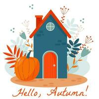 vector card with cute autumn house, pumpk in and flowers