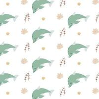 vector cute pattern with little dolphin in the sea underwater on white background