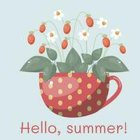 vector card Hell summer with cute cup and strawberry in it