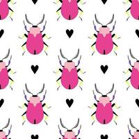 Beautiful beetles with black hearts. Seamless pattern with cartoon elements. vector