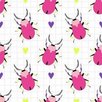 Funny pink bugs with bright hearts on a checkered background. Seamless pattern with cartoon elements. vector