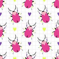 Funny pink bugs with bright hearts on a checkered background. Seamless pattern with cartoon elements. vector