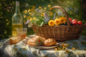 featuring a basket of fresh fruit and bread, a bottle of wine, and a bouquet of wildflowers. photo