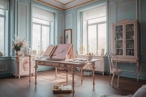 Luxurious office, in the style of light pastel colors, hand. photo