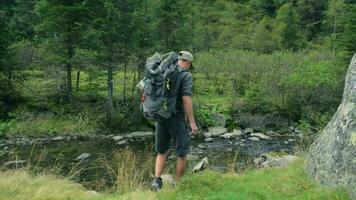 Hiker Walking Along Small Mountain River Trail video