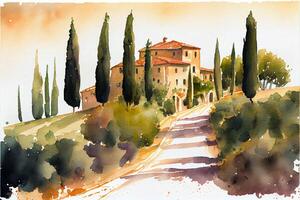 watercolor painting of a house on a hill. . photo