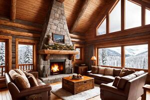 Get lost in the beauty of winter wonderland with this cozy mountain chalet interior photo