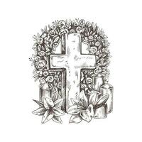 Old marble stone christ cross with a wreath,  candles and lilies. Vector hand drawn isolated illustration on white background.