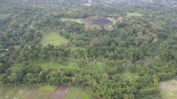 4k Antenne Aussicht von Borobudur Tempel im Java, Indonesien. breit schießen mit Wald Sicht. video