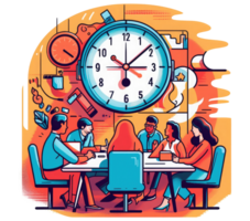 concept of effective meetings, with a diverse group of people collaborating at a modern conference table, a clear agenda displayed on a presentation screen, and a digital timer counting . png