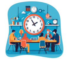 concept of effective meetings, with a diverse group of people collaborating at a modern conference table, a clear agenda displayed on a presentation screen, and a digital timer counting . png