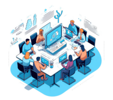 un' gruppo di professionisti Lavorando insieme a un' tavolo o utilizzando digitale collaborazione e comunicazione utensili per efficiente gestire progetto . ai generato png