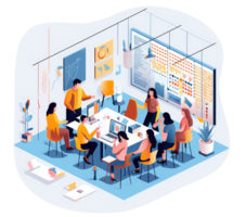 Group of people in office discussing plan, graphic illustration, UI illustration, GUI . png