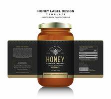 Honey label and honey design banner natural bee honey glass jar bottle sticker creative packaging idea yellow, white minimal clean design background healthy organic food product bee black label. vector