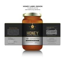 Honey label and honey design banner natural bee honey glass jar bottle sticker creative packaging idea yellow, white minimal clean design background healthy organic food product bee black label. vector