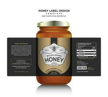 Honey label and honey design banner natural bee honey glass jar bottle sticker creative packaging idea yellow, white minimal clean design background healthy organic food product bee black label. vector