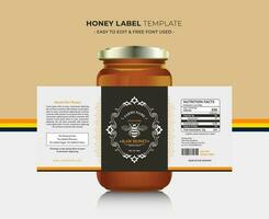 Honey label and honey design banner natural bee honey glass jar bottle sticker creative packaging idea yellow, white minimal clean design background healthy organic food product bee black label. vector