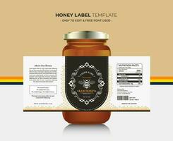 Honey label and honey design banner natural bee honey glass jar bottle sticker creative packaging idea yellow, white minimal clean design background healthy organic food product bee black label. vector