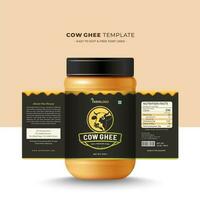 Cow ghee label sitcker and design, cow head premium quality butter and milk cream farm fresh dairy product, health bottle glass jar sweet modern and creative print natural design. vector