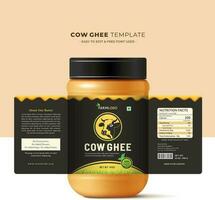 vaca ghee etiqueta sentado y diseño, vaca cabeza prima calidad mantequilla y Leche crema granja Fresco lechería producto, salud botella vaso tarro dulce moderno y creativo impresión natural diseño. vector