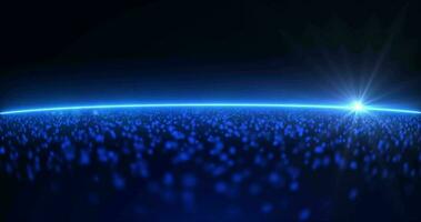 Particle field, blue space surface from glowing dots, bright rays of light on the horizon, abstract background. Seamless loop 4k video