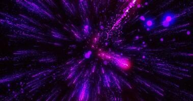 Explosion of colored neon particles, Big bang, Explosion of pink-purple glowing dust particles. The speed of light. Neon glowing rays in motion. bright fireworks, space, neon glow, stars. loop video