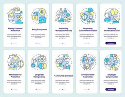 Ethical standards in business onboarding mobile app screen set. Walkthrough 5 steps editable graphic instructions with linear concepts. UI, UX, GUI templated vector
