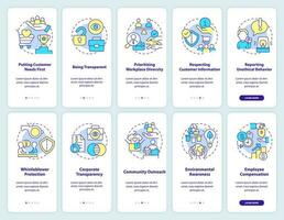 Ethical standards in business onboarding mobile app screen set. Walkthrough 5 steps editable graphic instructions with linear concepts. UI, UX, GUI templated vector